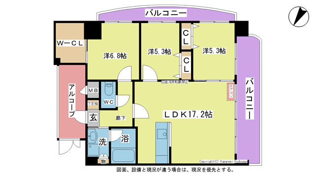 間取り図 図面、設備と現況が違う場合は現況を優先とする。 間取り図